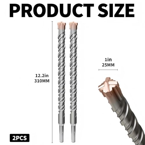 2PCS SDS Plus Rotary Hammer Drill Bits,1"×12"（25mm×310mm）-4 Carbide Cutting Edges & Coated Head, Ideal for Masonry| Heavy-Duty Masonry |Hammer Drill Bits for Precision Drilling - size: 2PCS-1"×12"（25mm×310mm）