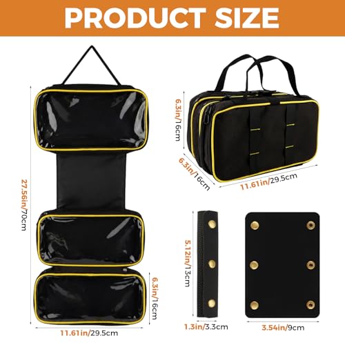 Roll Up Tool Bag with 2 Handle Wraps, Foldable Tool Roll Bag with 3 Translucent Zipper Compartments, Portable Oxford Cloth Small Tool Bag