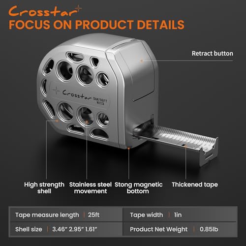 Crosstar 25FT Magnetic Self-Locking Stainless Steel Tape Measure - size: 7.6 m