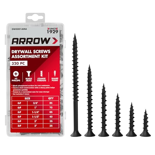 Arrow Drywall Screws Assortment Kit, 320pcs #6 & #8 Black Wood Screws