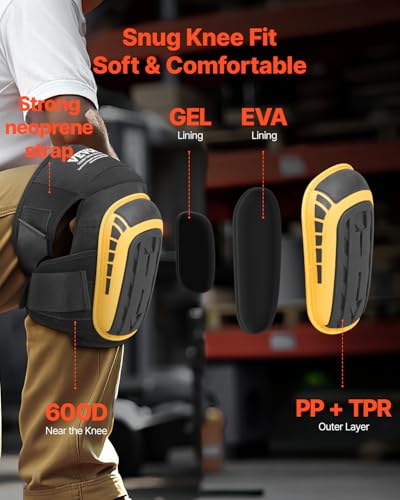 VEVOR Knee Pads for Work, Extended Heavy Duty Construction Knee Pads with 2 Extension Straps, Foam Gel Cushion, Anti-slip for Gardening Flooring Roofing and Cleaning, Men & Women, Yellow and Black