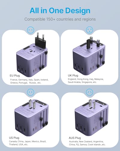 VINTAR Universal Travel Adapter 35.5W, 6-in-1 with 3 USB-A QC & 2 USB-C PD - color: 35.5W Purple