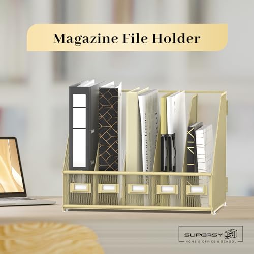 SUPEASY Desk Organizers Metal Desk Magazine File Holder with 5 Vertical Compartments Rack File Organizer for Office Desktop, Classroom, Home Workspace, Golden Yellow, Plus - color: Golden Yellow, size: Large