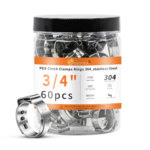 60pcs 3/4 inch PEX Cinch Clamps Rings, 304 Stainless Steel Pex Crimp Rings, Heavy Duty Thickened Single Ear Hose Clamps for PEX Tubing Pipe Fitting Connections - color: 60 Pcs, size: 3/4 inch
