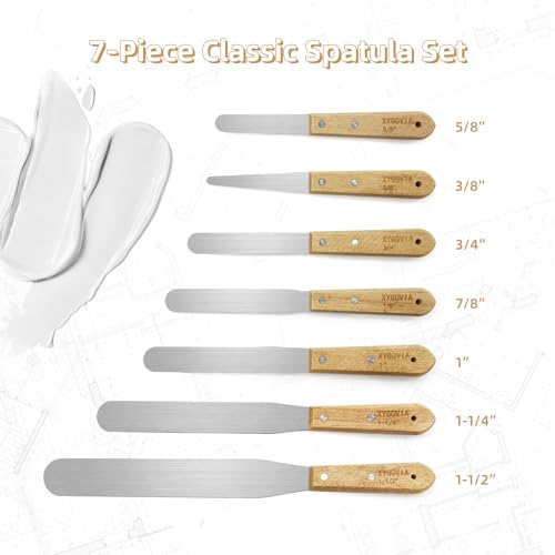 7-piece Caulking Spatula with Wooden Handle, Professional Stainless Steel Caulk Tool Set Finishing Tools, Streamline Spatulas for Caulk Application - color: 7PCS
