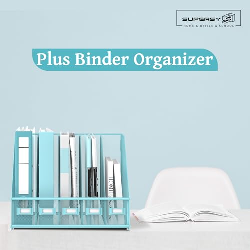 SUPEASY Desk Organizers Metal Desk Magazine File Holder with 5 Vertical Compartments Rack File Organizer for Office Desktop, Classroom, Home Workspace, Blue Plus - color: Blue, size: Large