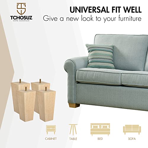 6 inch / 15cm Wooden Furniture Legs, Pack of 4 Mid Century Modern Solid Wood Unfinished Pyramid Square DIY Replacement Feet with 5/16" Hanger Bolts & T-Nuts for Sofa Couch Bed Recliner Riser - color: Unfinished, size: 6''/15cm