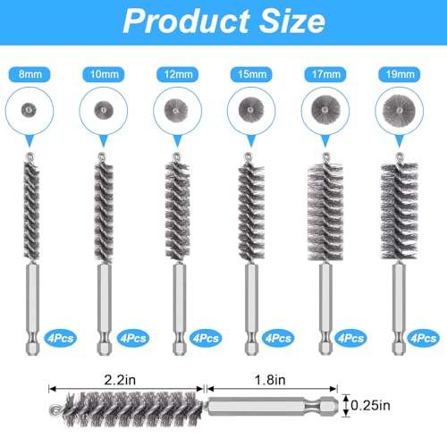 24 Pcs Drill Brush Set Wire Brush for Drill with 1/4 Inch Hex Shank Stainless Steel Bore Cleaning Brushes 8/10/12/15/17/19mm for Power Drills Impact Driver