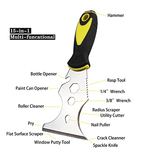 Multi-Painter's Stainless Steel Tool Spealloy Paint Scraper, Taping knife,3 in. Putty knife 15-in-1 Paint Scraper Hammer Head Soft Grip Handle Fixed Multi-Tool for Wood, Wallpaper Grout - size: 3"
