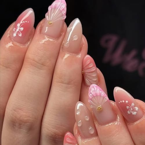 3D Pink Press on Nails Almond - Medium French Tip Fake Nails with Embossed Flower&Gold Bead Designs, Glossy Finish Reusable False Nails for Women Manicure(3D Embossed design 18） - color: 3D Embossed design 18