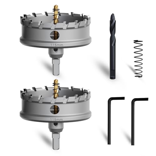 Metal Hole Saw 4-1/2''(115mm) 2Pcs Set Heavy Duty Tungsten Carbide Tipped Hole Cutters Set with a nitrided Step Drill and L-flench, for Steel Iron,Aluminum,Stainless stell,Plastic - size: 4-1/2''(115mm)-2PCS