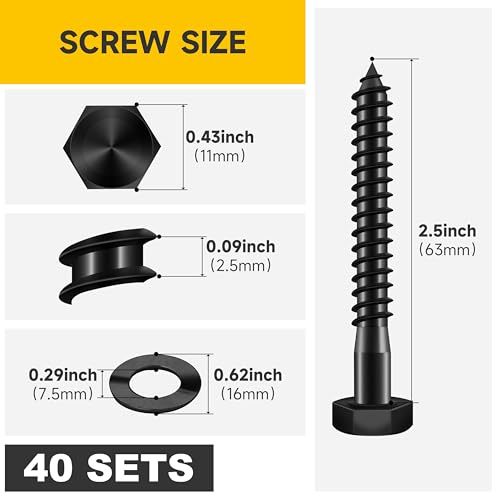 (40Sets) 1/4" x 2-1/2" Hex Head Lag Bolts, Heavy Duty Lag Screws with Washers, 304 Stainless Steel Bolts 18-8, Lag Screws Wood Screws, Partial Thread Black Oxide, 1/4 Bolt by Mywish - size: 1/4 x 2-1/2" (40 set)