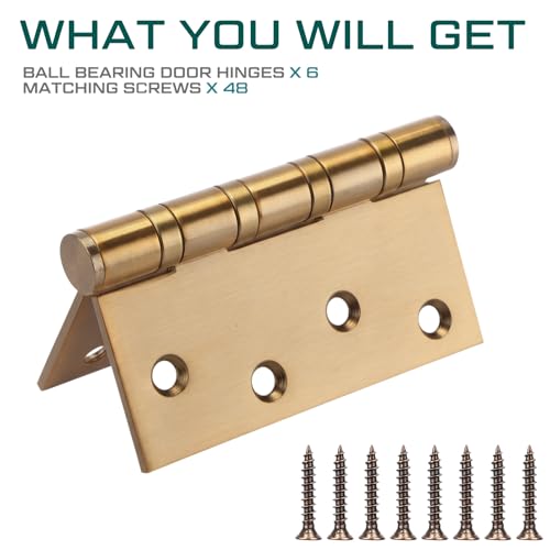 6 Pack Brass 4'' Ball Bearing Door Hinges, 4 x 4 Inch Exterior Door Hinge - color: Brass