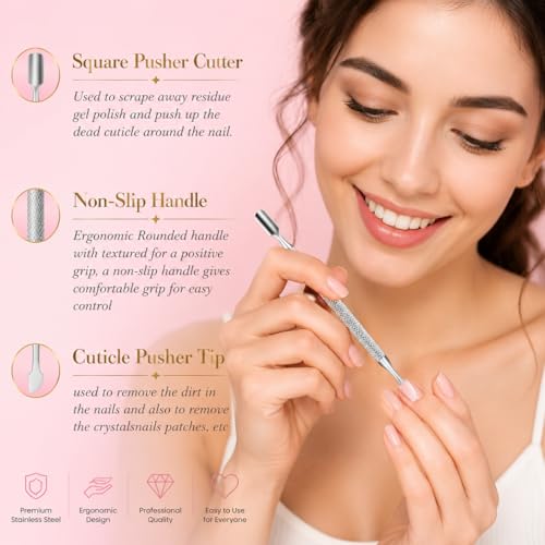 Cuticle Pusher – Professional Stainless Steel Nail Scraper & Cuticle Remover – Dual-Sided Tool for Finger & Toe Nails, Gel Polish & Dead Skin Removal– Non-Slip Handle for Manicure & Pedicure
