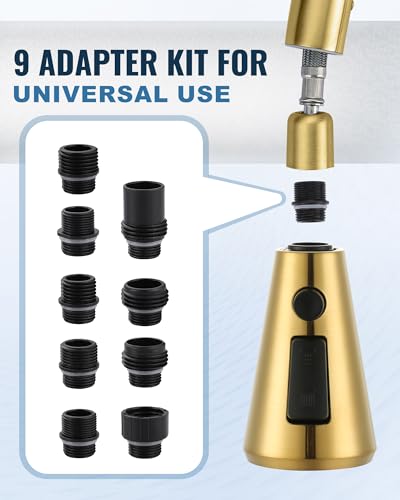 Pull Down Spray Head Replacement - for Kitchen Faucet Sprayer Head with 9 Adapters, 3 Function Pull Out Faucets Spray Nozzle Compatible with Moen, American Standard Faucets, Brushed Gold - color: Brushed Gold
