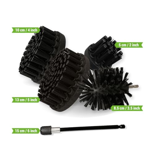 Premium Drill Brush Professional–Ultra-Stiff Black 5 pcs. Set (5/4/3.5/2in Brushes + 6in Extension) | Scratch-Free Heavy-Duty Cleaning Brushes for Concrete, Brick, Stone, Metal, Grills, Rust - color: Black