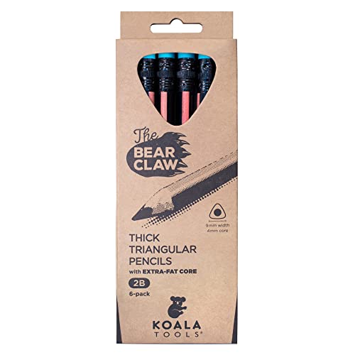 KOALA TOOLS | Bear Claw Pencils 1-Pack (6 Pencils) - Fat, Thick, Strong, Triangular Grip, Graphite, 2B Lead with Eraser - Suitable for Kids, Art, Drawing, Drafting, Sketching & Shading - style: 2B Lead