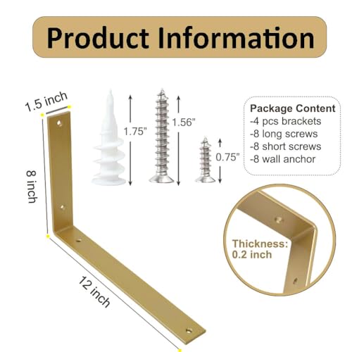 Shelf Brackets 12 Inch Wall L Brackets 4PCS Heavy Duty for Shelves Metal Gold Rustic Industrial Brackets for DIY Opening Shelves Project Hardware Included - size: 12 Inch, style: Gold-4 Pack