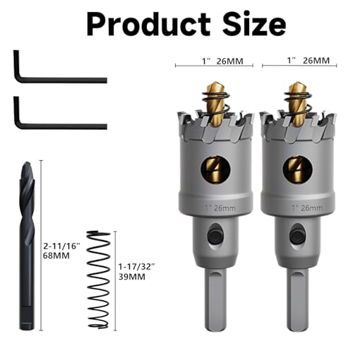 Metal Hole Saw 1"(26mm) 2Pcs Set Heavy Duty Tungsten Carbide Tipped Hole Cutters Set with a nitrided Step Drill and L-flench, for Steel Iron,Aluminum,Stainless stell,Plastic - size: 1"(26mm)-2PCS