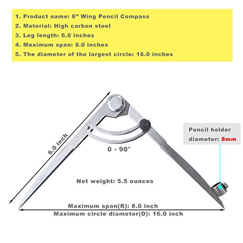 6/8/10 inch Professional Woodworking Compass with Pencil Holder & Lockable Wing, Geometry & Drafting Compass for Carpenter (6 inch) - size: 6 inch
