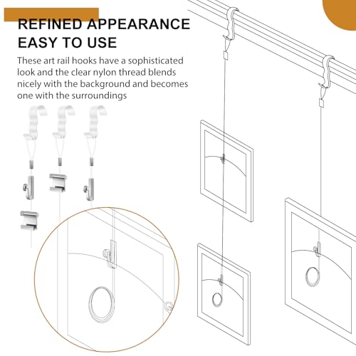 Dunzy 10 Pcs Picture Rail Hooks for Hanging, 59" Clear Nylon Cord, White - color: White, size: 59" Clear Nylon Cord