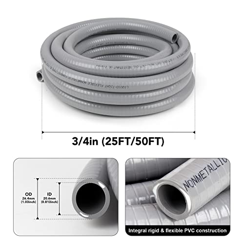 3/4inch 25ft Liquid-Tight Conduit and Connector Kit,Flexible Non-Metallic Liquid Tight Electrical Conduit Kit with 5 Straight and 3 90-Degree Connector Fittings,3/4 in. Dia - size: 3/4inch 25ft