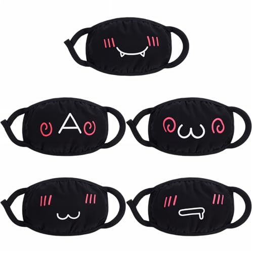 Cute Cat Face Mask, Kawaii Cotton Mouth Masks Reusable Washable Face Mask Anti-Dust Anime Masks for Women Men - color: Black 5pcs