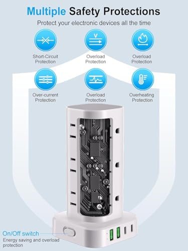Power Strip Tower with Wireless Charger,Surge Protector with 12 Outlets - color: White, size: 15FT with Wireless Charging