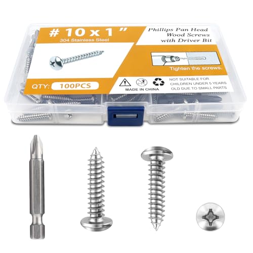 100PCS #10 x 1 Wood Screws, Pan Head Stainless Steel Sheet Metal Screws, Fast Self Tapping Screws for Deck Drywall Concrete Screws with Screwdriver Bit - style: Silver #10X1" Pan Head 100PCS