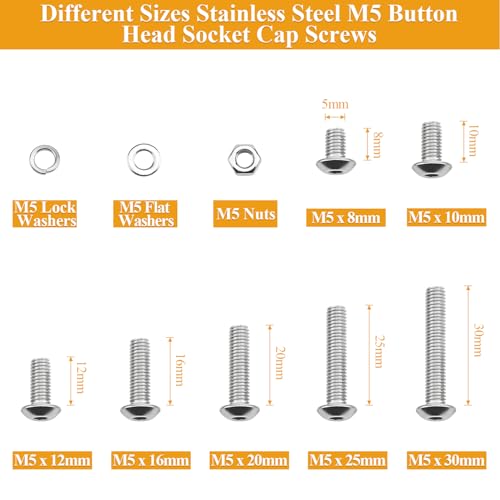 242 Pieces M5 Screws Nuts Washers Set, Sutemribor M5 x 8/10/12/16/20/25/30mm Button Head Socket Cap Screws Nuts Washers Assortment Kit, 304 Stainless Steel, Fully Threaded - size: M5 Screws Kit, style: Button Head