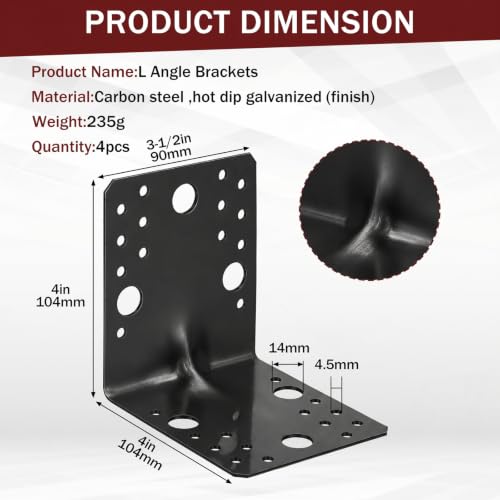 Shimeyao 4 Pcs 4x4 Steel L Brackets 1.7mm Angle Bracket 90 Degree, Black - color: Black