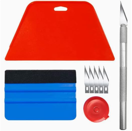 9Pcs Wallpaper Smoother Tool Kit – for Peel and Stick Wallpaper, Vinyl Backsplash Tile (1 Trapezoid Scraper + 1 Blue Long-pile Smoother + 1 Craft Knife + 5 Blades + 1 Red Tape Measure) - color: Red(9pcs)