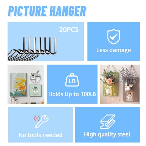 FURHUA 20pcs Black Super Hook Picture Hangers and Office Pack, Drywall Hooks for Hanging Pictures, Wall Hooks, Picture Hangers, Picture Hanging Kit，Hang Art, Clock, Shelves, Mirrors - style: Black