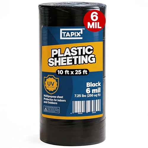 Plastic Sheeting (10' x 25') Long, 6 Mil (Black) - UV Protection Poly Sheeting Polyethylene Film, Heavy Duty Greenhouse Plastic Sheeting - color: Black