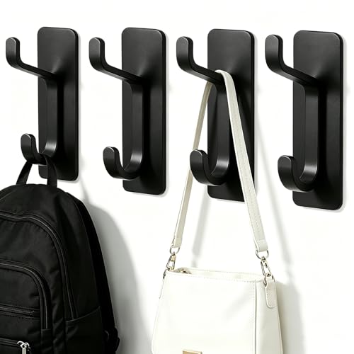 4 Pack Black Stainless Steel Double Wall Hooks, 13LB Strong Adhesive Heavy Duty Stick On Towel Hooks for Bathroom Kitchen Entryway