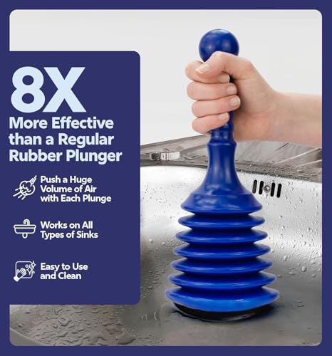 Luigi's Sink Plunger Kitchen - Sink Plunger Bathroom - Drain Bathtub or Shower - Small and Powerful Clog Remover - Commercial Style "Plumbers Plungers" with Large Bellows - Blue - Small - color: Blue - Small Drain Plunger