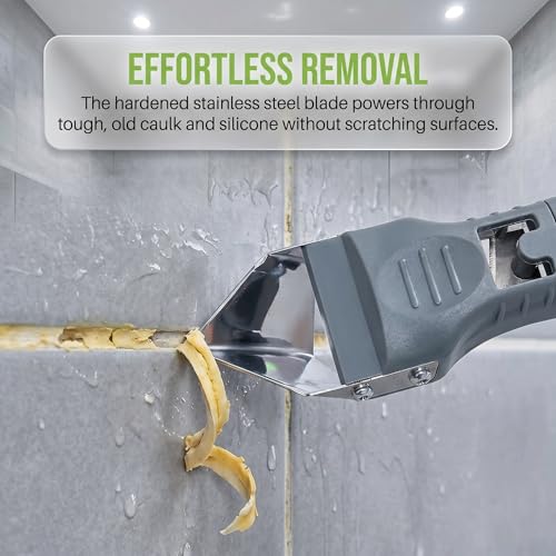 5-in-1 Caulking Tool Kit, Stainless Steel Caulk Remover & Silicone Sealant Finishing Tool with 5 Replaceable Radius Pads, Grout Removal & Scraper Tool for Bathroom, Kitchen, Tile, Window, Sink - color: Green
