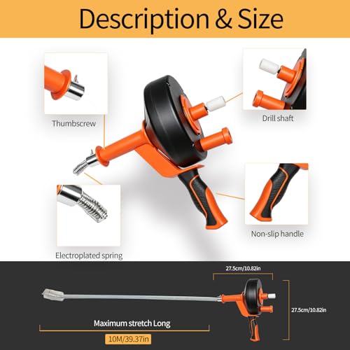 Drain Auger 33FT, Drain Snake with Drill Attachment, Flexible Plumbing Snake Clog Remover, Heavy Duty Manual Drain Cleaner Tool for Kitchen Bathroom Shower Sink, Includes Gloves & Cleaning Brush