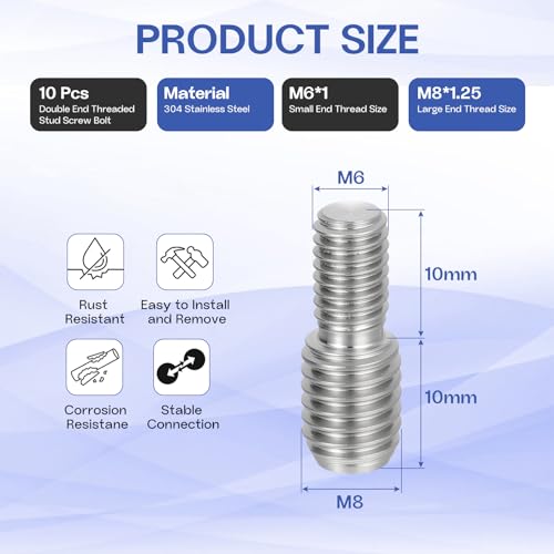 M6x10mm to M8x10mm Double End Threaded Stud Screw Reducing Bolt,304 Stainless Steel Thread Reducer Adapter for Furniture Fastener Welding, Hardware Connectors 10 Pack - size: M6x10mm to M8x10mm