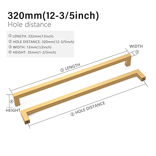 Cabinet Pulls Gold Cabinet Handles Square Drawer Pulls, 10 Pack 12-3/5 Inch Stainless Steel Kitchen Door Cupboard Cabinet Handles, Drawer Hardware Handles, 320mm Hole Centers - color: Gold, size: Two Hole - 12-3/5 inch Hole Centers(320mm)