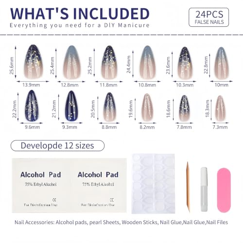 Ombre Press On Nails medium, Almond Fake Nails Featuring a Nude-to-Blue Gradient and accented with golden glitte, Glossy Finish Acrylic Nails, Reusable Glue On Nails for Women - color: 42-Golden Tide