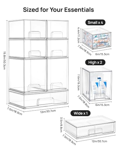Vtopmart Clear Stackable Storage Drawers Set of 7, Plastic Organizer Bins - style: 4 Small+2 High+1 Wide