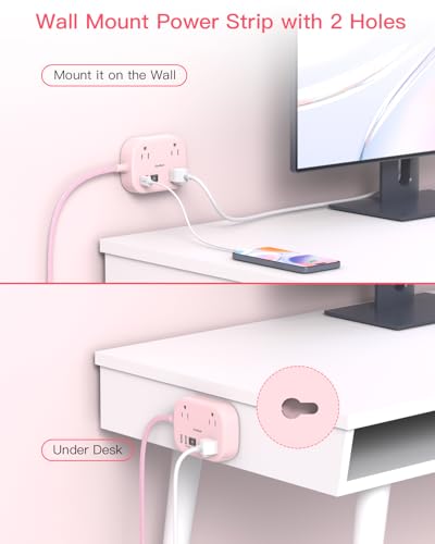 Cruise Essentials 2026, Travel Power Strip with USB C,Flat Plug, Pink - color: Pink, size: 10Ft