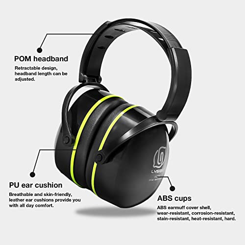 LYSIAN 31dB Hearing Protection Earmuffs, Foldable Adjustable Safety Ear Muffs for Shooting, Construction, Lawn Mowing, Adults - color: Yellow Black