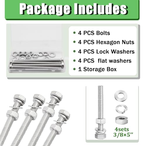 4 Sets 3/8-16 x 5 Stainless Steel Hex Head Screws Bolts, Nuts, Flat & Lock Washers,18-8(304) Full Thread - color: Silver, size: 3/8-16 × 5"（4 Sets）
