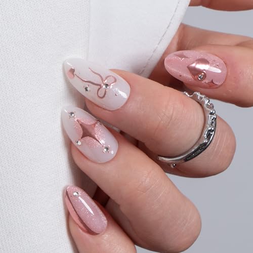 CurvLife Soft Gel Almond Press On Nails, Long-Lasting Reusable Fake Nails Kit with Glue & Tabs, 30pcs Salon-Quality Stick On Nails for Women At-Home Manicure (Blush Sparkle) - color: D1 - Blush Sparkle