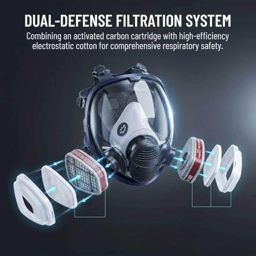 Spherical Wide View Full Face Respirator with Built-in Microphone, Reusable Anti-Fog Silicone Full Face Gas Mask, Dual Air Inlets & Replaceable Filters for Spray Paint, Chemical, Sanding Protection