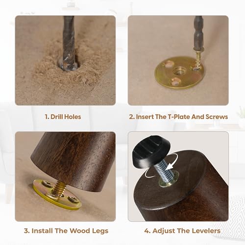 Yes4All 6-Inch Round Wooden Furniture Legs Set of 4, Adjustable Replacement Feet for Couch, Bed, Dresser, and Ottomans, Tapered Legs with Levelers, Brown Wood Components for Tables and Chairs