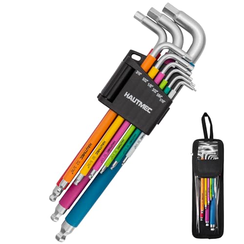HAUTMEC SAE Allen Wrenches Sets with Ball End, 9PCS Extra Long Arm Hex Key Set, Heavy-Duty S2 Steel Pro Allen Key Set, 1/16" to 3/8", Color Coded Sleeve with Belt Loop Pouch for Professional Mechanics - style: 9PCS(SAE)