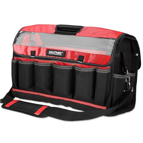 HAUTMEC 20" Heavy-Duty Open Top Tool Bag with Waterproof Clear Cover, Large Tool Tote with Rotating Handle, Rigid Frame, Wear-Resistant Hard Base & Padded Shoulder Strap – HT0296 - style: Tool Tote | Waterproof